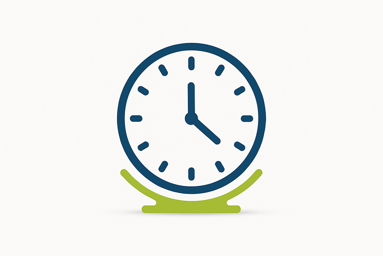 Minimal, modern flat-style clock icon with a clean blue and lime green color scheme, representing business hours, placed on a white background with subtle shadows, matching a professional B2B packaging brand aesthetic, vector style, high resolution.
